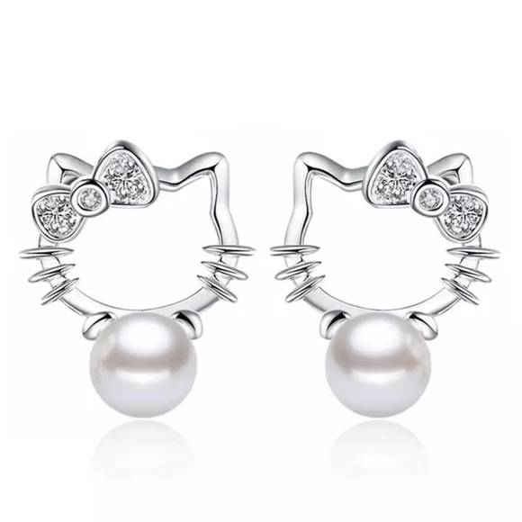 Hello Kitty Pearl Bling Rhinestone Stud Earrings - Picture 1 of 5